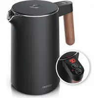 Arendo Wasserkocher mit Temperatureinstellung 40°C - 100°C, Temperaturanzeige, Temperaturwahl, Edelstahl, 1,5 L, 2200W, Doppelwand, Warmhaltefunktion, Holzgriff Optik, schwarz