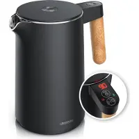 Arendo Wasserkocher mit Temperatureinstellung 40°C - 100°C, Temperaturanzeige, Temperaturwahl, Edelstahl, 1,5 L, 2200W, Doppelwand, Warmhaltefunktion, Holzgriff Optik, schwarz