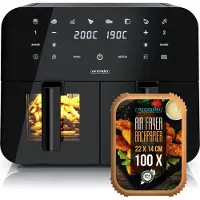 Arendo Heißluftfritteuse XXL, Doppelkammer, Dual Zone, Airfryer 9L mit Backpapier, Sichtfenster mit Beleuchtung, 8 Programme, Touchscreen, 3D Umluftsystem