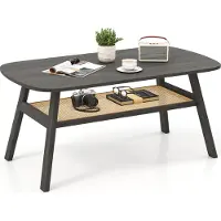 Costway 2-stufiger Couchtisch, rechteckiger Tisch mit Rattan-Ablagefach & Gummibaumholz-Beinen, rustikaler Landhaus-Cocktailtisch für das Wohnzimmer