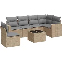 vidaXL 7-tlg. Garten-Sofagarnitur mit Kissen Beige Poly Rattan