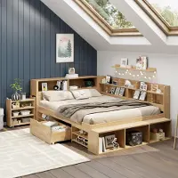 MODFU Kinderbett Jugendbett 140×200 mit Matratze,Bettgestell mit ausziehbarer Nachttisch,Multifunktionales Stauraumbett mit Regal und Schubladen,Natur