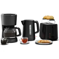 Klarstein Velaire Vollständiges Frühstücksset – Toaster 2 Scheiben mit Brötchenaufsatz, Wasserkocher 1,7L, Filterkaffeemaschine 10 Tassen, 7 Bräunungsstufen, Warmhaltefunktion, Glas-Kanne