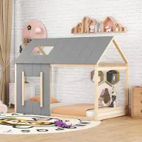 Ulife Kinderbetthaus Design mit Dach & Fenster - Zimmer im Zimmer als Spiellandschaft | 90x200 cm,Natur Grau