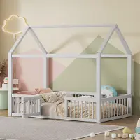 Merax Kinderbett 90x200cm, Hausform Bodenbett, Einzelbett mit Dach und Tür, Lattenrost, Spaßbett, Kiefernholz, Jugendbett, Massivholzbett, Weiß