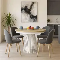 Beautysofa | Runder Ausziehbarer Tisch LUMI Ø 100–180 cm, Tisch für Esszimmer, Loft-Stil, Skandinavische, Weiß/Eiche Artisan