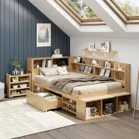 OKWISH Kinderbett 90×200 mit ausziehbarer Nachttisch,Holzbett Jugendbett mit Regal und Schubladen,Multifunktionales Bettgestell Stauraumbett,ohne Matratze, Natur
