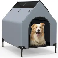 Costway 91 cm erhöhte Hundehütte für kleine Rassen, Grau, 64 x 91 x 86 cm