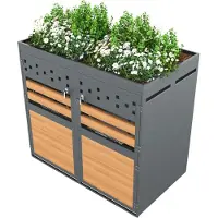 OKWISH Mülltonnenbox 2er 120-240 Liter, Anthrazit Tür in HolzoptikAufbewahrungsbox für Mülltonnen, Müllboxmit PflanzdachGrau+Natur