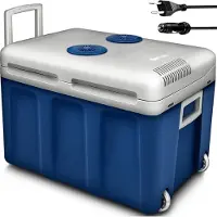 Tillvex Kühlbox elektrisch 40L Blau mit Rollen | Mini-Kühlschrank 230 V und 12 V für KFZ Auto Camping | kühlt & wärmt | ECO-Modus