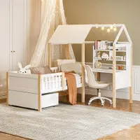 OKWISH Kinderbett 90×200 mit Rausfallschutz und LattenrostL-förmigem Schreibtisch,Bücherregal, Schubladen mit Rollen,Ohne Matratze weiß