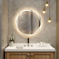 Costway 60 x 60 CM LED Badezimmerspiegel, wandmontierter runder Spiegel mit dimmbarer 3-farbiger Beleuchtung, Touch-Schalter, Anti-Beschlag