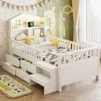 Flieks Kinderbett Hausbett 90x200cm mit 4 Schubladen, Holzbett Schlafsofa mit Ladefunktion und Led, Einzelbett mit Treppe und Rausfallschutz, Weiß