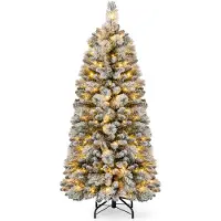 GIANTEX Pop-Up Weihnachtsbaum Künstlich, 150cm Tannenbaum mit Schnee, 130 warmweißen LEDs & 378 Zweigspitzen, aus PVC, Metallständer