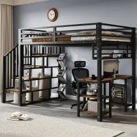 Merax Etagenbett 120x200 mit Schreibtisch, Eisenhochbett mit Treppen, Handläufen und Aufbewahrungsregal, Kinderbett mit Stabiler Lattenrost, Schwarz