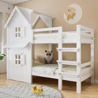 Merax Etagenbett 90x200 cm mit Dreistufige Leiter, Kinderbett mit Fenster und Dach, Jugendbett mit seitliche Sicherheitsgeländer, Kiefer + MDF, Weiß