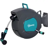 Outsunny 180° drehbare automatische Gartenschlauchaufroller, 15 + 1,4 m Schlauch mit Sprühdüse, integrierte Wandhalterung, Türkis/Grau