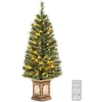 Costway 120 cm künstlicher Weihnachtsbaum mit Beleuchtung, Tannenbaum im Topf, mit warmweißen LED-Lichtern & Timer & 116 PVC Zweigspitzen, Topfbaum für Eingang Haus Büro, Grün