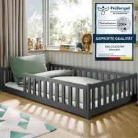 KIDS Collection Kinderbett Bodenbett 120x200 cm mit Rausfallschutz & Lattenrost Montessori Bett Bed Gitterbett Kinder Jugendbett Einzelbett | Graphit