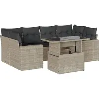 vidaXL 7-tlg. Garten-Sofagarnitur mit Kissen Hellgrau Poly Rattan