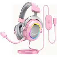 Fifine Gaming Headset mit Mikrofon Over Ear Kopfhörer mit Kabel USB Headset, Rosa