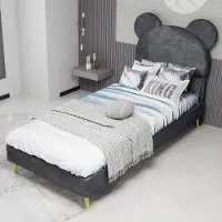 MODFU Einzelbett 90x200 mit Matratze Cartoon-Form-Polsterbett Bettgestell aus strapazierfähigem Density Fibreboard,Bettrahmen mit weichem Kopfteil,ohne Gasfeder,Grau
