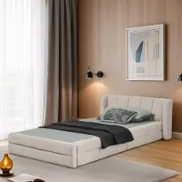 MODFU Kinderbett ohne Matratze 90x200 Jugendbett mit hautfreundlichem Chenillestoff und verstärktem Innengestell,Einzelbett mit Unterstützung,Beige