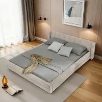 Sweiko Doppelbett 160×200cm, Chenillestoff, komfortable Rückenlehne, robustes Eukalyptus- und Eisengestell, einfach zu montieren, Beige (ohne Matratze)