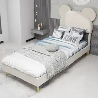 MODFU Einzelbett 90x200 mit Matratze Cartoon-Form-Polsterbett Bettgestell aus strapazierfähigem Density Fibreboard,Bettrahmen mit weichem Kopfteil,ohne Gasfeder,Beige