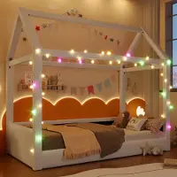Merax Kinderbett Tagesbett 90x200 cm, im Hausdesign mit LED-Lichtleisten, Leinen Polsterbett, Massivholz, Bodenbett, Jugendbett, Daybett, Beige