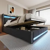 MODFU Polsterbett mit Matratze 180X200 Jugendbett mit LED-Beleuchtung und USB-Steckdose,Doppelbett mit Bettkasten,aus Leinenstoff,Grau