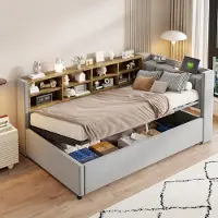 STILVORA 90×200 Schlafsofa mit Matratze&Hydraulischem Stauraum,Tagesbett mit Nachtlicht, USB-&Typ-C-Ladeanschluss,Daybett mit Ablagen,Staufächern&Kopfteil,Samtstoff,Hellgrau