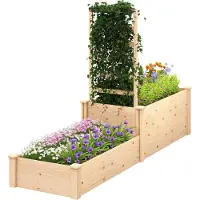 Outsunny Pflanzkasten mit Rankgitter, Hochbeet, 2-stufiger Pflanzkasten mit offenem Boden, Blumenkasten aus Holz fš¹r Balkon, Terrasse, Patio, 222 x 63 x 132 cm, Naturholzoptik