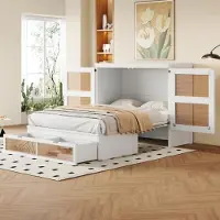 MODFU klappbares Wandbett 140x200 Schrankbett -ohne Matratze mit Lattenrost,Holzbett mit Stauraumschubladen, platzsparendes Design,Weiß