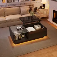 OKWISH LED-Couchtisch mit Hochglanz-Oberfläche,Beistelltisch mit verstecktem Stauraum und Ablagefach,höhenverstellbarer Kaffeetisch,Schwarz