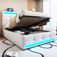 MODFU Polsterbett mit Bettkasten 90×200 Jugendbett ohne Matratze mit USB und farbwechselndem LED-Lichtstreifen,Bettgestell mit verstellbarem Kopfteil,Beige
