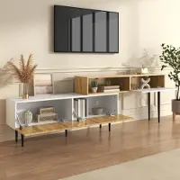OKWISH TV-Lowboard Weiß mit verstellbarer Länge 130220cm,TV-Schrank Holz mit 2-teiliges Design, Fernsehbank mit Metallbeine und Kippsicherung,Schrank für Haushalte