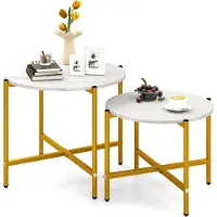 Costway 2er Set Couchtisch Rund, Beistelltisch mit Marmoroptik & Metallgestell, Wohnzimmertisch, Kaffeetisch, Sofatisch Set, Satztisch, Weiß + Gold