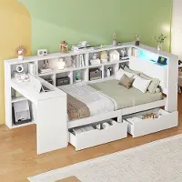 STILVORA 90x200 Jugendbett mit Schreibtisch und Bücherregal,Holzbett mit gepolstertem Kopfteil und Schubladen,Einzelbett mit LED-Leuchtung,ohne Matratze,Weiß