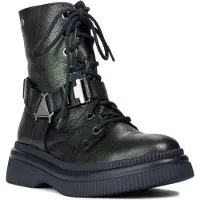 MACIEJKA Petrolgrüne Vollnarbenleder Stiefeletten mit 5 cm Plateau, Reißverschluss, Schnürung und abnehmbarem Riemen