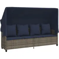 vidaXL Sonnenliege mit Dach und Kissen Grau Poly Rattan