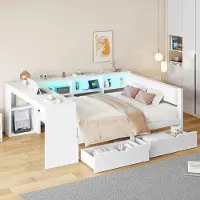 STILVORA 140x200 Jugendbett mit Ablageflächen und Schubladen,Holzbett mit gepolstertem Kopfteil und Ladestation ,Doppelbett mit LED-Leuchtung,ohne Matratze,Weiß