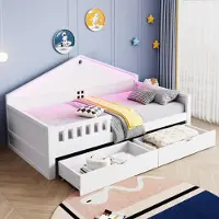 STILVORA Kinderbett 90x200 cm Einzelbett mit LED-Lichtleiste & Lattenrost, Stauraumbett mit 2 Schubladen, Jugendbett für Schlafzimmer mit App-Steuerung, Weiß