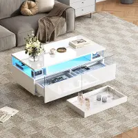MODFU Couchtisch weiß mit 2 Schubladen,Kaffeetisch Sofatisch mit stauraum und LED-Licht,Hochglanz-Beistelltisch aus gehärtetem Glas,90×45×35.5cm