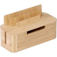 Relaxdays Kabelbox für 2 Steckdosenleisten, Bambus, HBT: 16 x 30 x 13 cm, Tablet- & Handyhalter, Kabel verstecken, natur