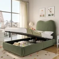 Flieks Hydraulisches Polsterbett 90x200cm mit Stauraum, Kinderbett Einzelbett mit gepolstertem Kopfteil, Stauraumbett Samt, Grün