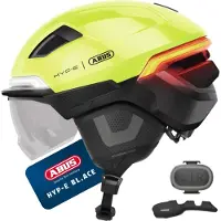ABUS Fahrradhelm HYP-E B.LACE - mit Front-, Rück- und Blinklicht sowie kabellosen Bremslicht - mit Visier und Ohrenschützern - Größe S, Signal Gelb