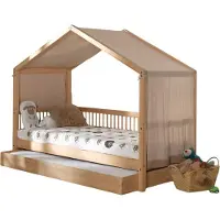 Vipack Hausbett Forrest 90x200 mit Rollbett und Schlafzelt - Buche/Rosa