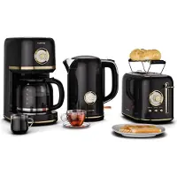 Klarstein Victoria Vollständiges Frühstücksset – Toaster 2 Scheiben mit Brötchenaufsatz, Wasserkocher 1,7L, Filterkaffeemaschine 12 Tassen, Retro Design, Warmhaltefunktion, Schwarz