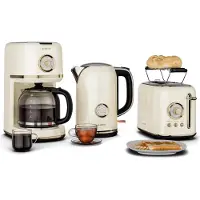 Klarstein Victoria Vollständiges Frühstücksset – Toaster 2 Scheiben mit Brötchenaufsatz, Wasserkocher 1,7L, Filterkaffeemaschine 12 Tassen, Retro Design, Warmhaltefunktion, Cream